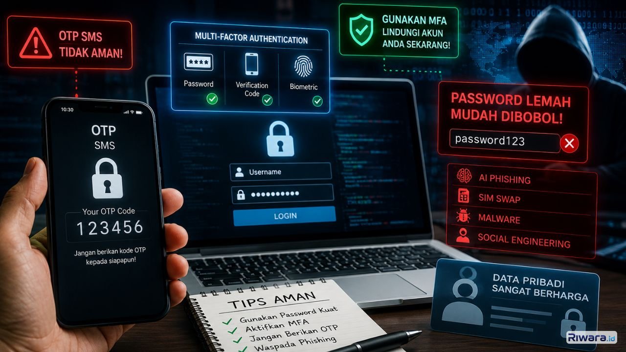 Ilustrasi ancaman pembobolan akun digital melalui phishing OTP SMS malware dan pencurian password di tengah meningkatnya serangan siber berbasis AI di Indonesia